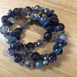 3 strand stretch blue purple bead bracelet
